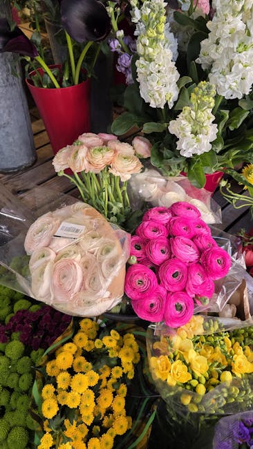 A vibrant display of fresh flowers arranged on a wooden surface, featuring tightly packed pink ranunculus, pale pink and white ranunculus in sealed plastic wraps, and clusters of small yellow and purp