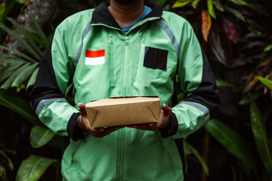 A delivery person in a green jacket with black and grey accents, featuring a flag patch and a black rectangular patch on the chest, is holding a brown cardboard parcel with both hands. The background 